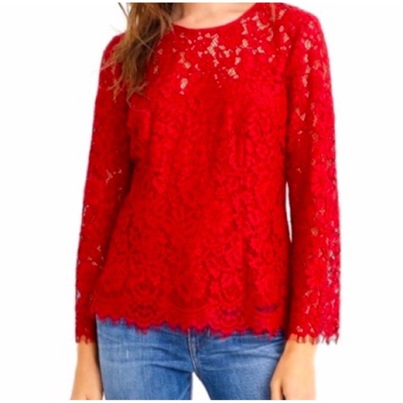 J.Crew Tops - J.Crew Red Floral Lace Long Sleeve Tie Back Keyhole Top Size 0